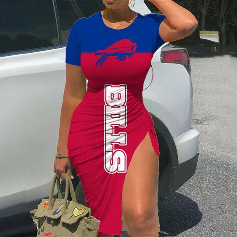 NFL Buffalo Bills sexy women's Short Sleeve Bodycon Midi Dress with slit
