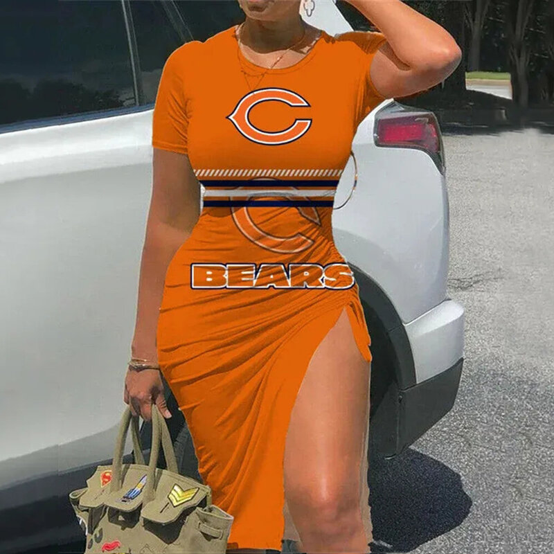 NFL Chicago Bears sexy women's Short Sleeve Bodycon Midi Dress with slit