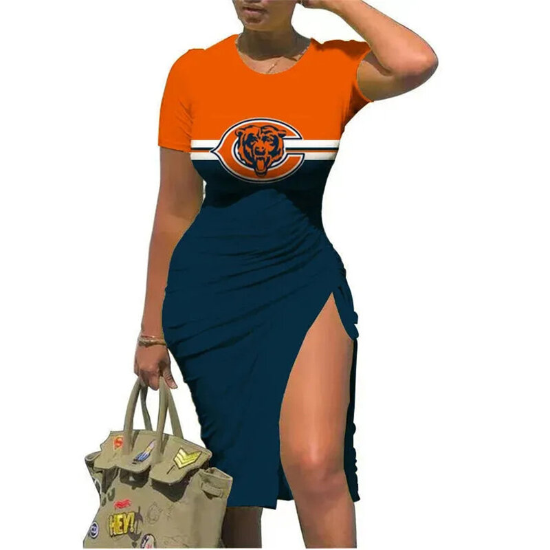 NFL Chicago Bears sexy women's Short Sleeve Bodycon Midi Dress with slit
