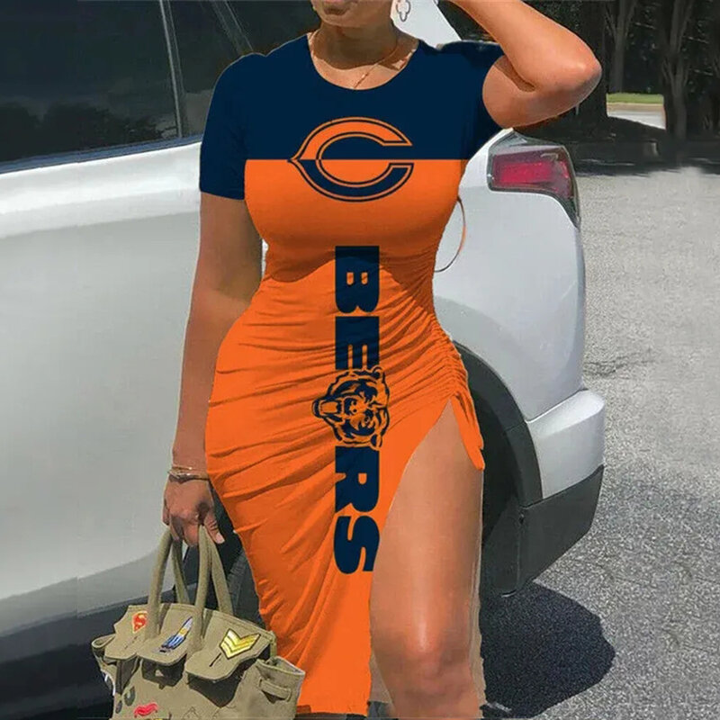 NFL Chicago Bears sexy women's Short Sleeve Bodycon Midi Dress with slit