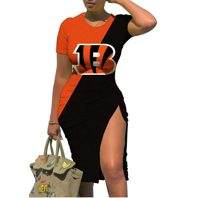NFL Cincinnati Bengals sexy women's Short Sleeve Bodycon Midi Dress with slit