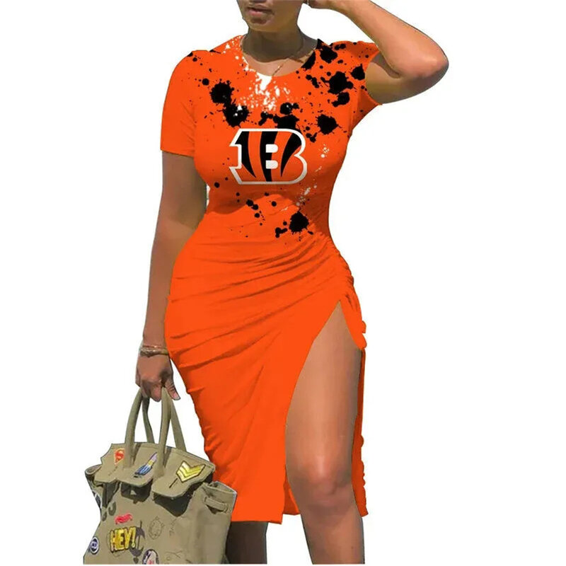 NFL Cincinnati Bengals sexy women's Short Sleeve Bodycon Midi Dress with slit