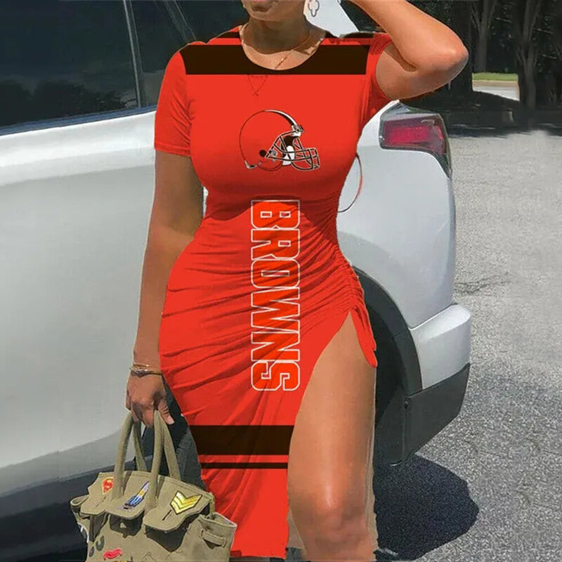 NFL Cleveland Browns sexy women's Short Sleeve Bodycon Midi Dress with slit