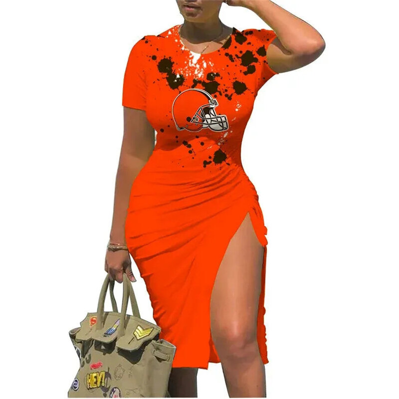 NFL Cleveland Browns sexy women's Short Sleeve Bodycon Midi Dress with slit