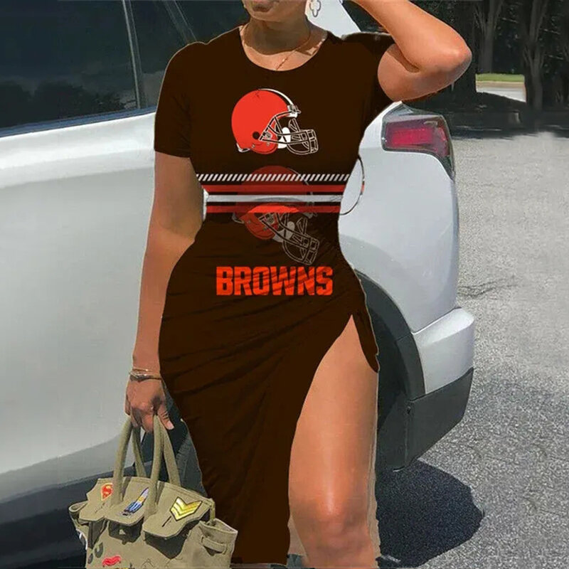 NFL Cleveland Browns sexy women's Short Sleeve Bodycon Midi Dress with slit