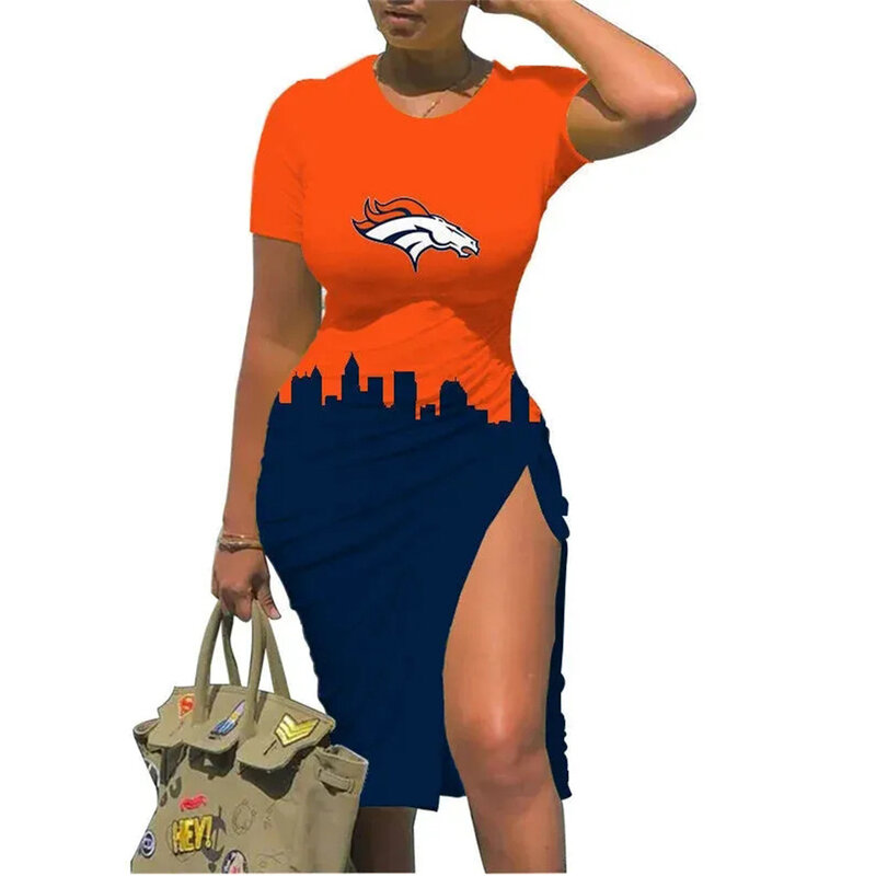 NFL Denver Broncos sexy women's Short Sleeve Bodycon Midi Dress with slit
