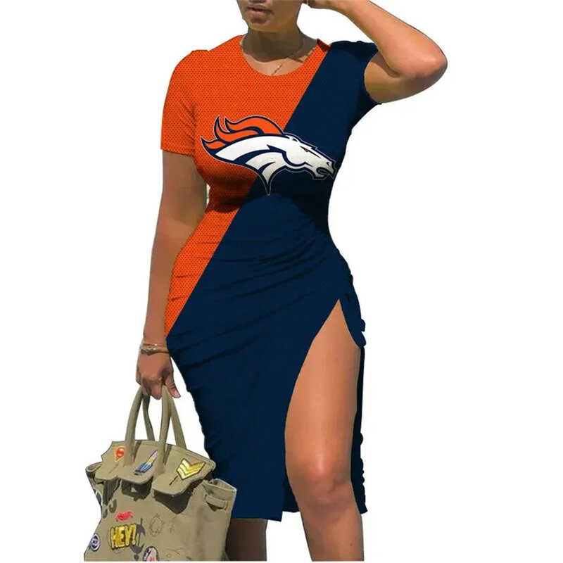 NFL Denver Broncos sexy women's Short Sleeve Bodycon Midi Dress with slit