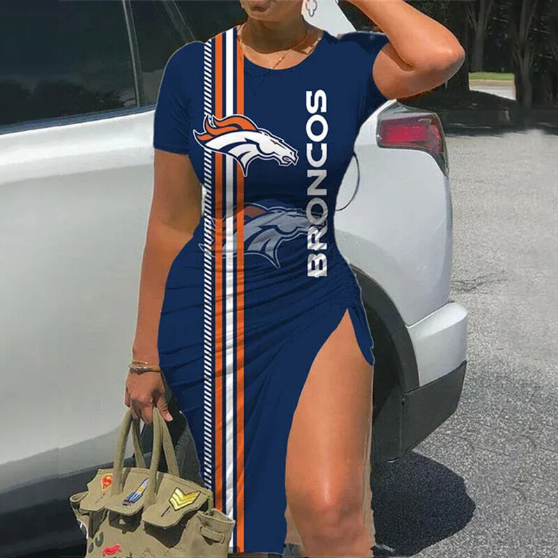 NFL Denver Broncos sexy women's Short Sleeve Bodycon Midi Dress with slit