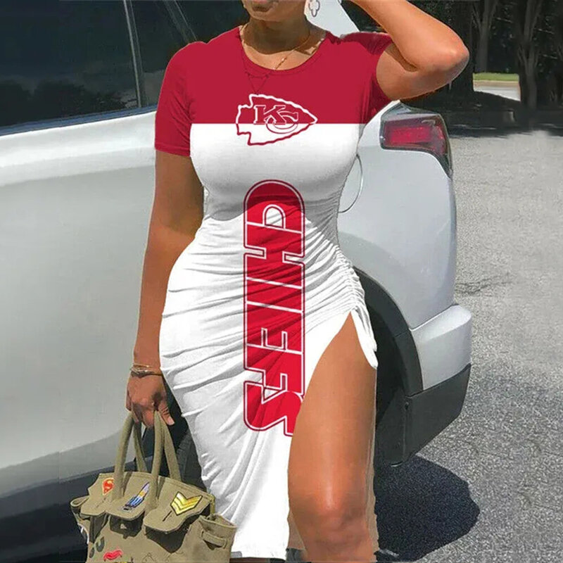 NFL Kansas City Chiefs sexy women's Short Sleeve Bodycon Midi Dress with slit