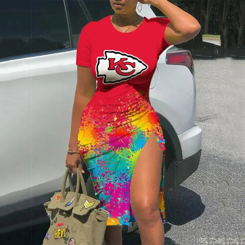 NFL Kansas City Chiefs sexy women's Short Sleeve Bodycon Midi Dress with slit