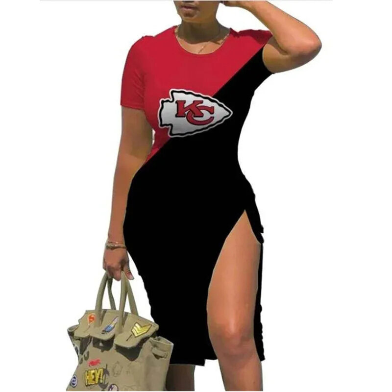 NFL Kansas City Chiefs sexy women's Short Sleeve Bodycon Midi Dress with slit