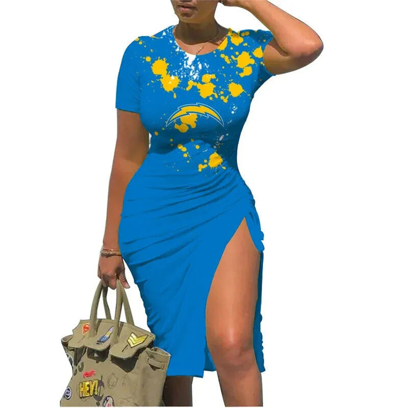 NFL Los Angeles Chargers sexy women's Short Sleeve Bodycon Midi Dress with slit