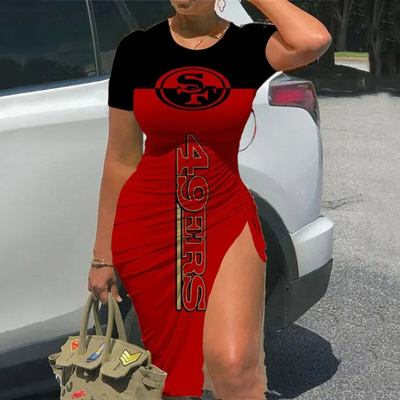 NFL San Francisco 49ers sexy women's Short Sleeve Bodycon Midi Dress with slit