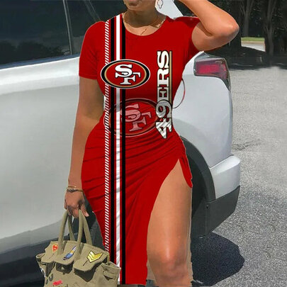 NFL San Francisco 49ers sexy women's Short Sleeve Bodycon Midi Dress with slit