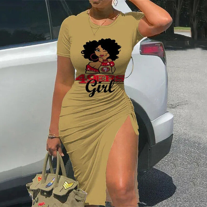 NFL San Francisco 49ers sexy women's Short Sleeve Bodycon Midi Dress with slit