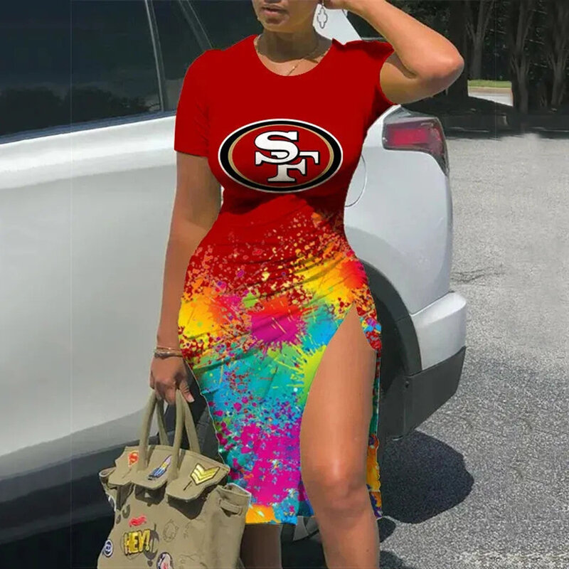 NFL San Francisco 49ers sexy women's Short Sleeve Bodycon Midi Dress with slit
