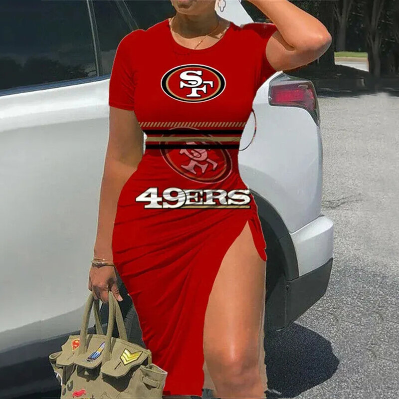 NFL San Francisco 49ers sexy women's Short Sleeve Bodycon Midi Dress with slit