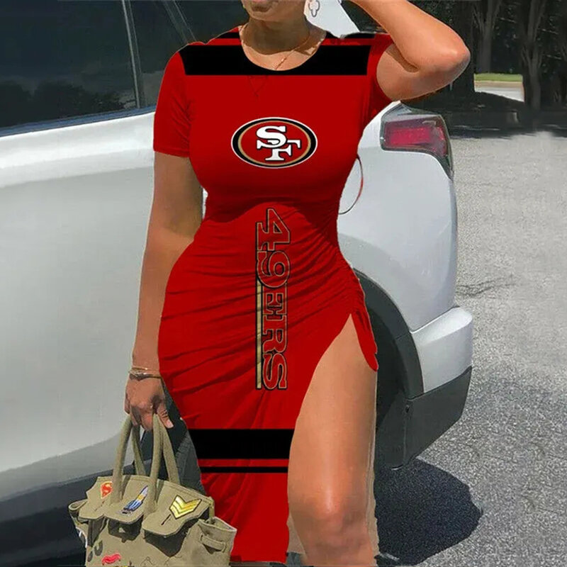 NFL San Francisco 49ers sexy women's Short Sleeve Bodycon Midi Dress with slit