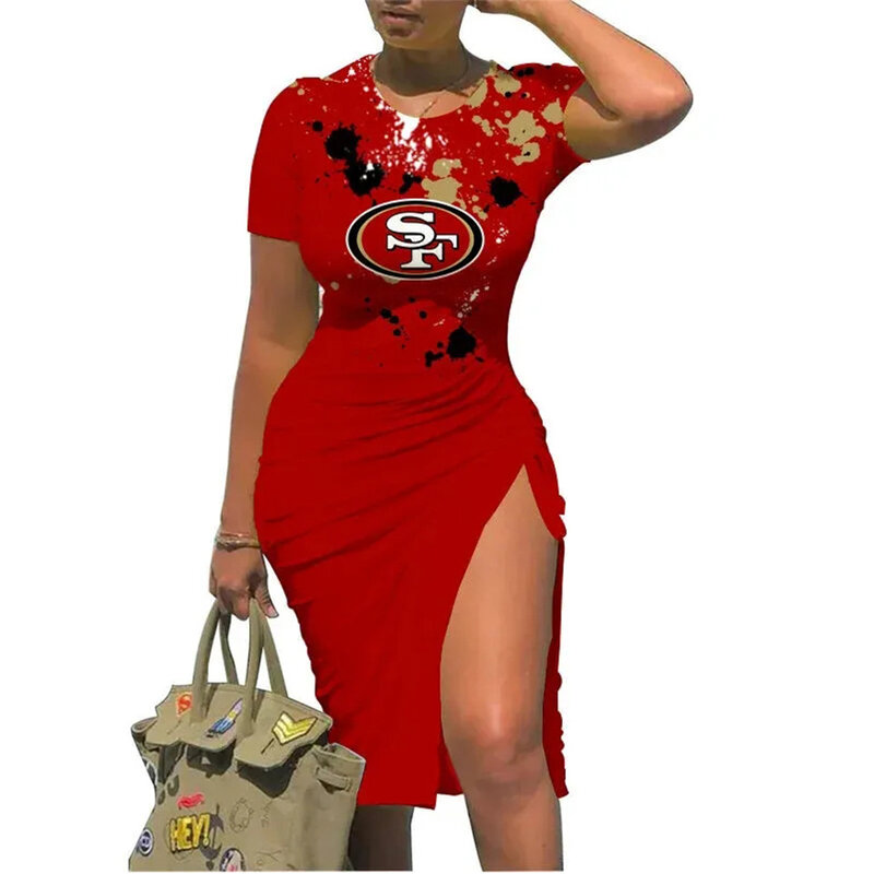 NFL San Francisco 49ers sexy women's Short Sleeve Bodycon Midi Dress with slit