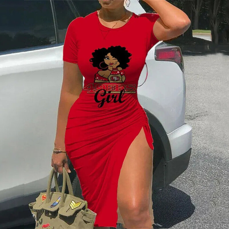 NFL San Francisco 49ers sexy women's Short Sleeve Bodycon Midi Dress with slit