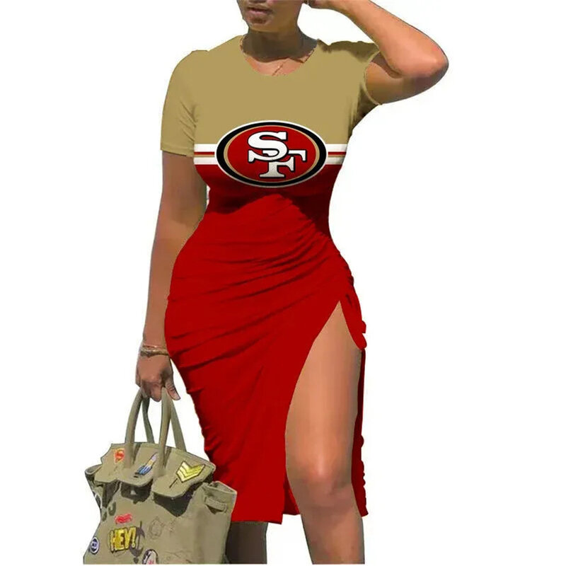 NFL San Francisco 49ers sexy women's Short Sleeve Bodycon Midi Dress with slit