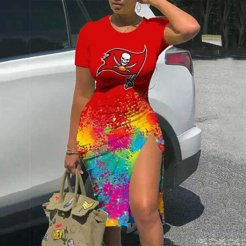 NFL Tampa Bay Buccaneers sexy women's Short Sleeve Bodycon Midi Dress with slit