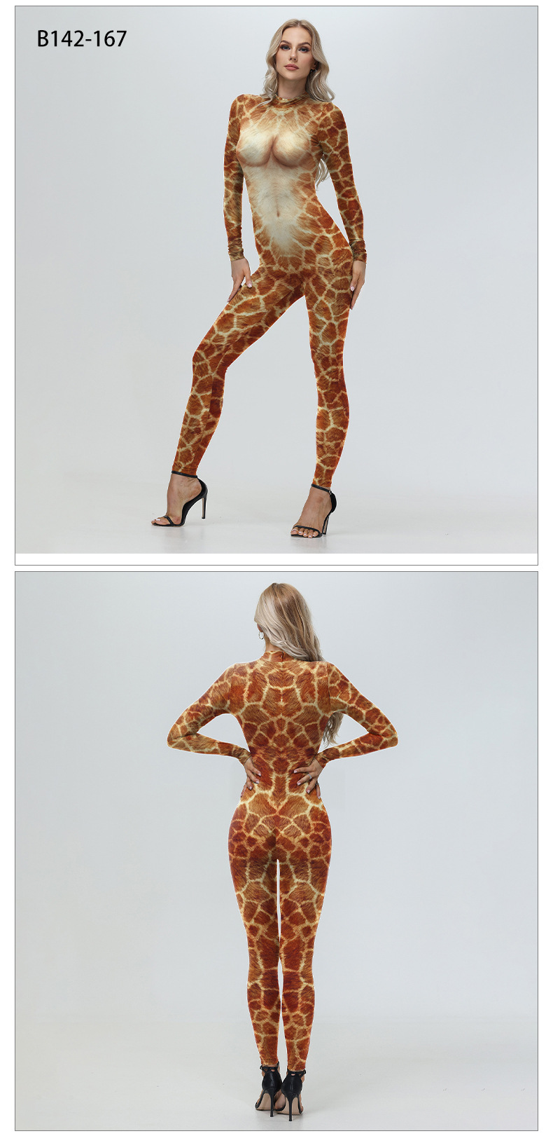 Long Sleeve womens Giraffe Bodysuit model show - front and back