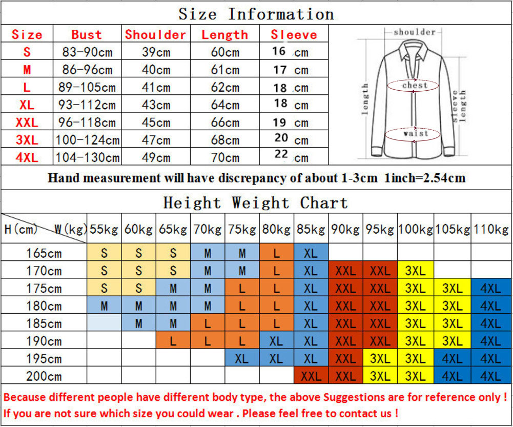 long sleeve Superheros Compression T Shirt size chart